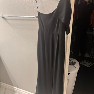One shoulder black dress wedding guest dress.
